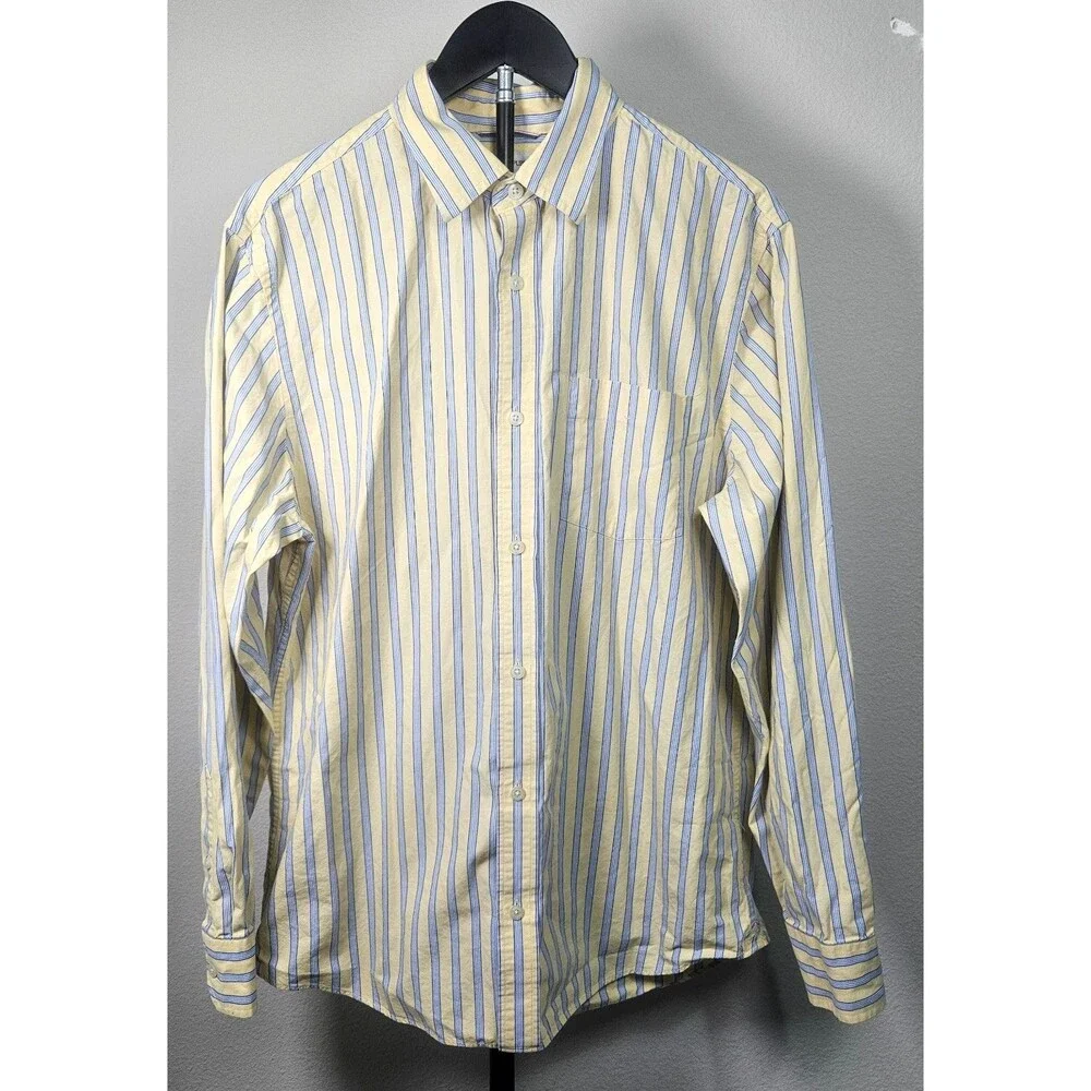 Banana Republic Mens L Yellow Blue‎ Striped Dress Shirt 100% Cotton Button Up